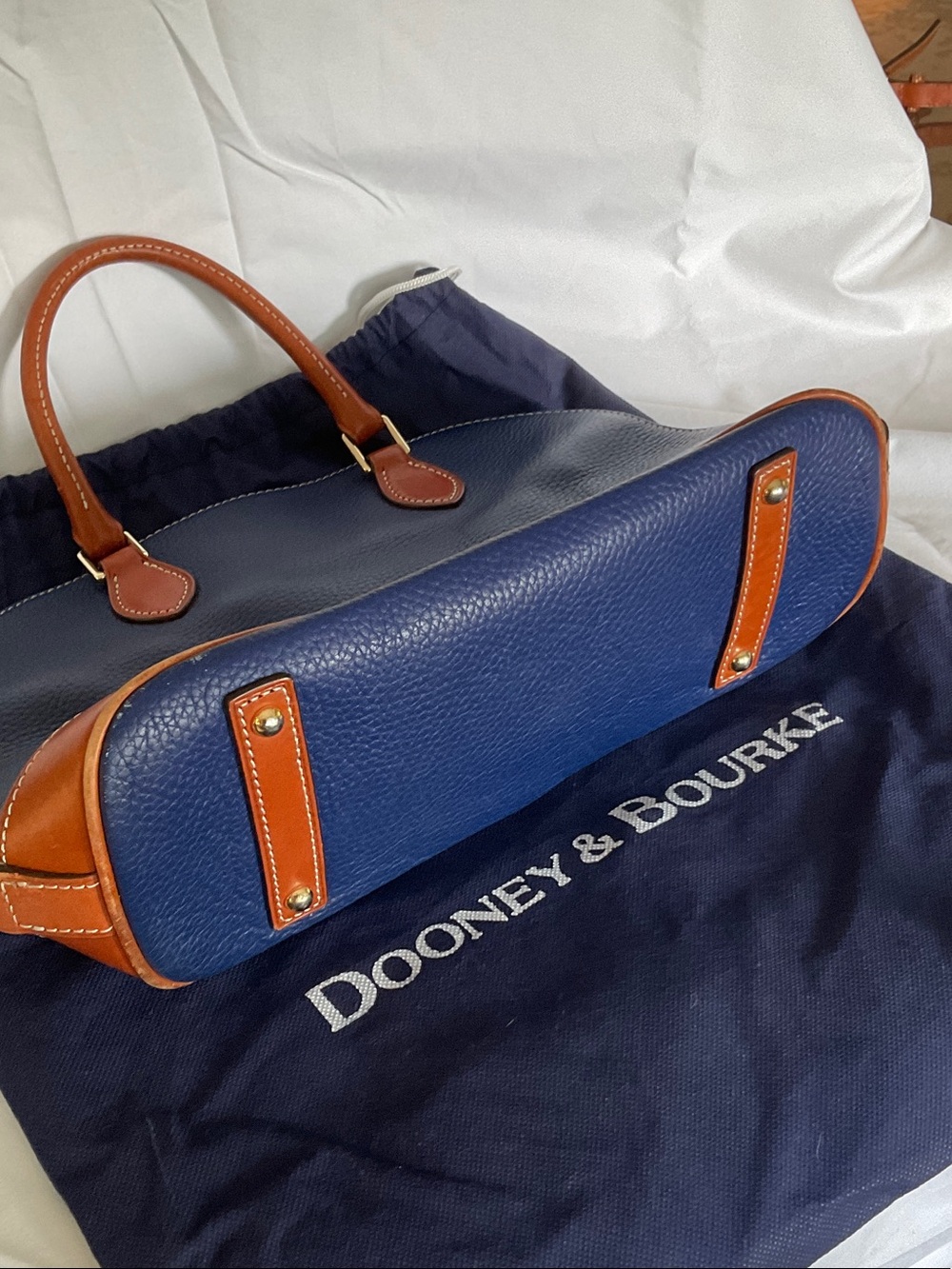 Dooney & Bourke Navy with Tan Trim Pebbled Leather Satchel - Picture 2 of 4